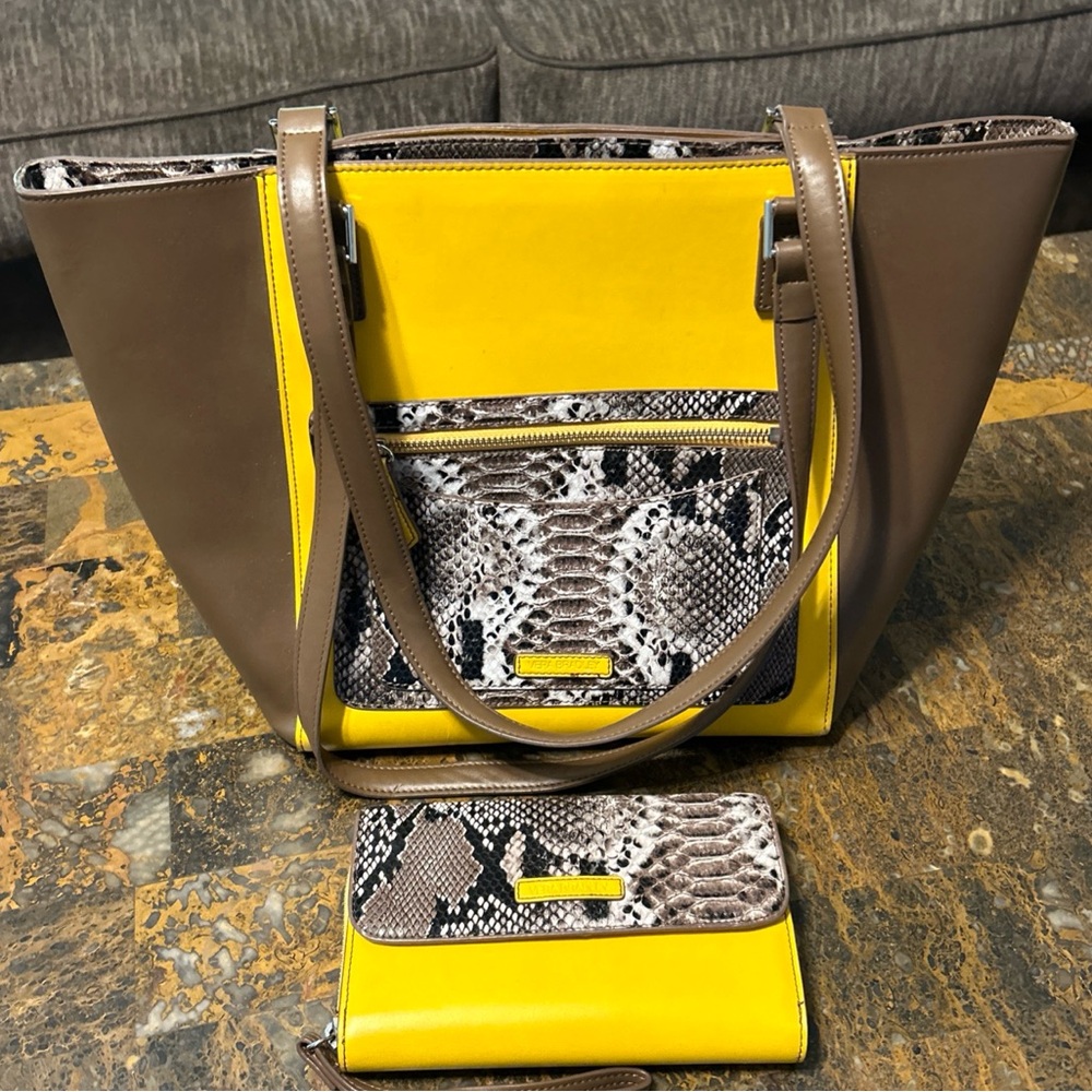 Vera Bradley Ella Tote Faux Leather Bag & Wristlet Maize Yellow Brown Snakeskin